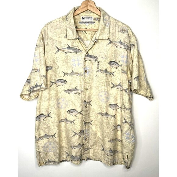 Columbia Mens Shirt Allover Fish Print Short Sleeve Button Up Tan Beige Medium - Picture 1 of 11